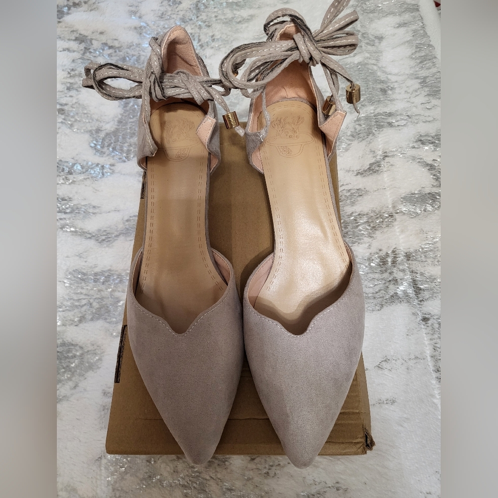 Greyish-Pink Ankle-Tie Kitten Heels with d'Orsay Silhouette